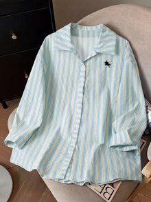SHEIN LUNE 大尺碼女款淺藍色馬術印花休閒傳統90年代日常穿著襯衫 教師節 辦公室 秋季 - 彩色 - 查看 10