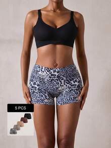 Veilyse 5pcs/Pack Women Seamless Hipster Panties - Leopard Print & Solid Color, Comfortable Daily Underwear, Suitable For Casual & Sports Wear - Multicolor - View 1