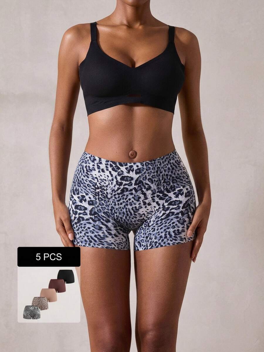 Veilyse 5pcs/Pack Women Seamless Hipster Panties - Leopard Print & Solid Color, Comfortable Daily Underwear, Suitable For Casual & Sports Wear - Multicolor - View 1