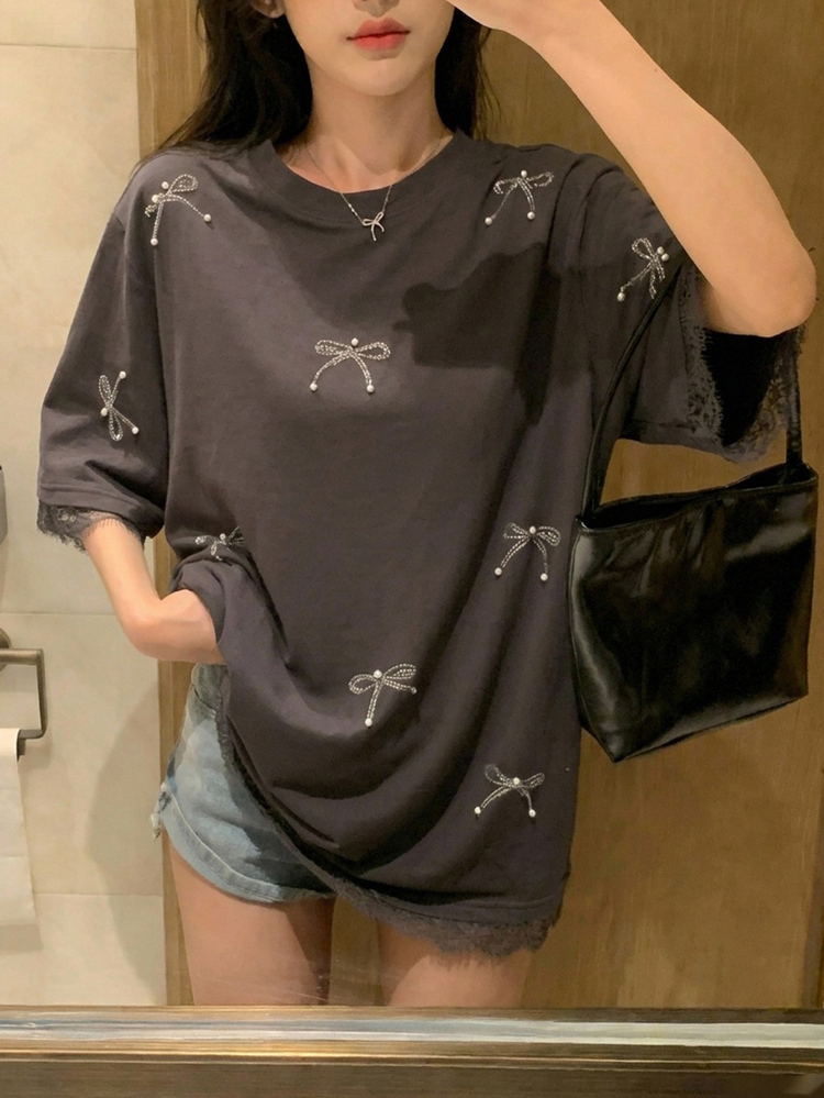 Dazy Kids Teen Girl Bow Decor Round Neck Loose Short Sleeve T-Shirt Summer - Dark Grey - View 2