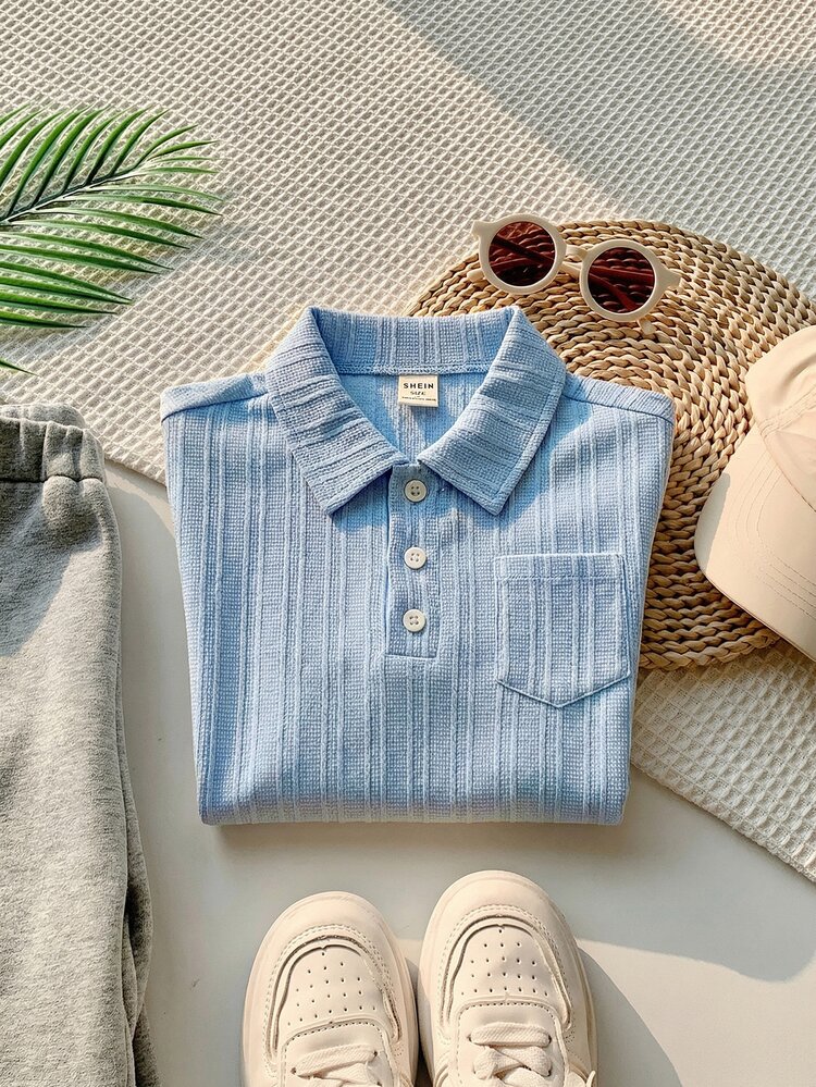 1pc Young Boy Retro Textured Fabric Short-Sleeved Polo Shirt,Summer Casual Sports College Style For School,Birthday Parties,Weddings & Daily Use - Baby Blue - View 6