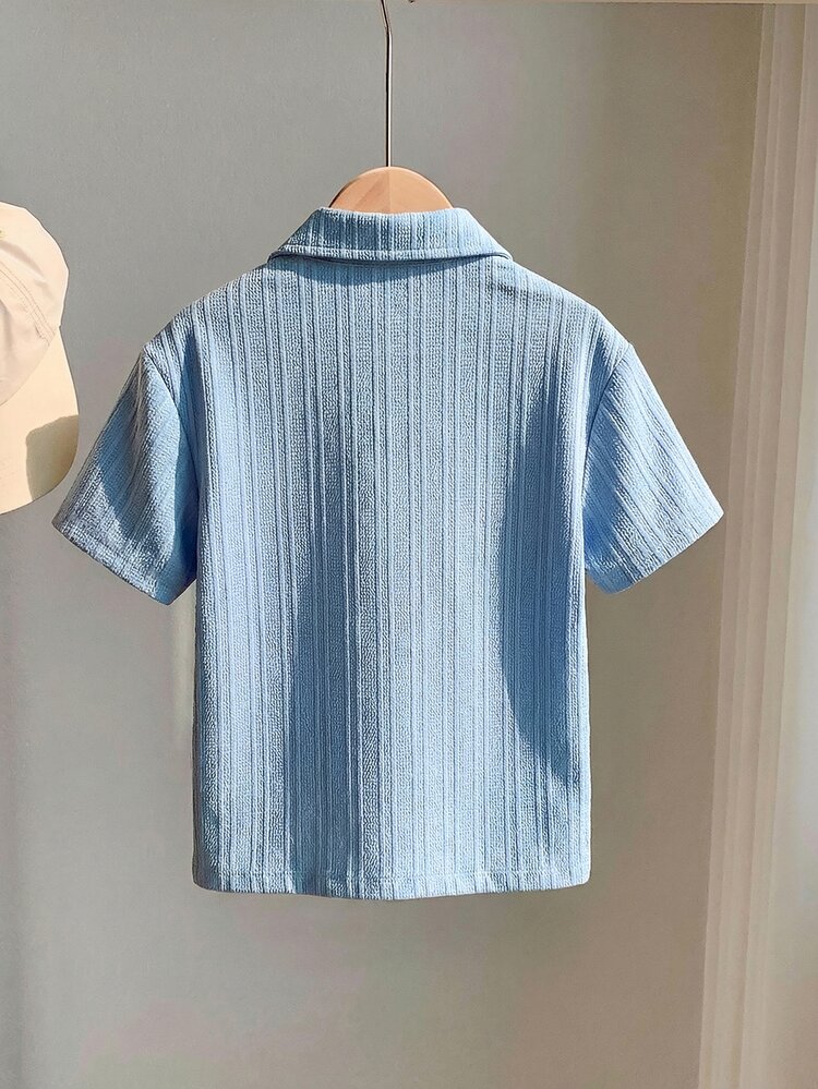 1pc Young Boy Retro Textured Fabric Short-Sleeved Polo Shirt,Summer Casual Sports College Style For School,Birthday Parties,Weddings & Daily Use - Baby Blue - View 2
