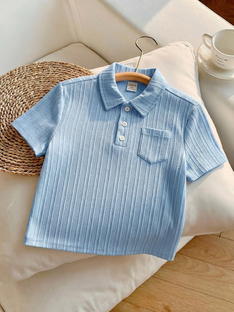 1pc Young Boy Retro Textured Fabric Short-Sleeved Polo Shirt,Summer Casual Sports College Style For School,Birthday Parties,Weddings & Daily Use - Baby Blue - View 3