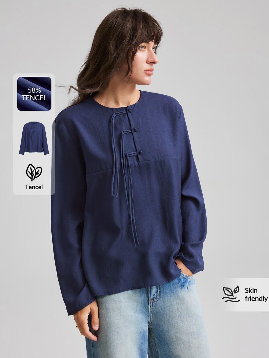 Ontre 2026 New Autumn Women's Loose Fit Solid Navy Blue Long Sleeve Blouse With Round Neck, New Chinese Style Frog Button Design, Casual Commute Urban Modern Minimalist Elegant Tea Party Independence Day Old Money Style Teacher Outfit Office Wear Holiday Outfit Vacation Date Outing Fashion Versatile Women's Shirt - Navy Blue - View 1
