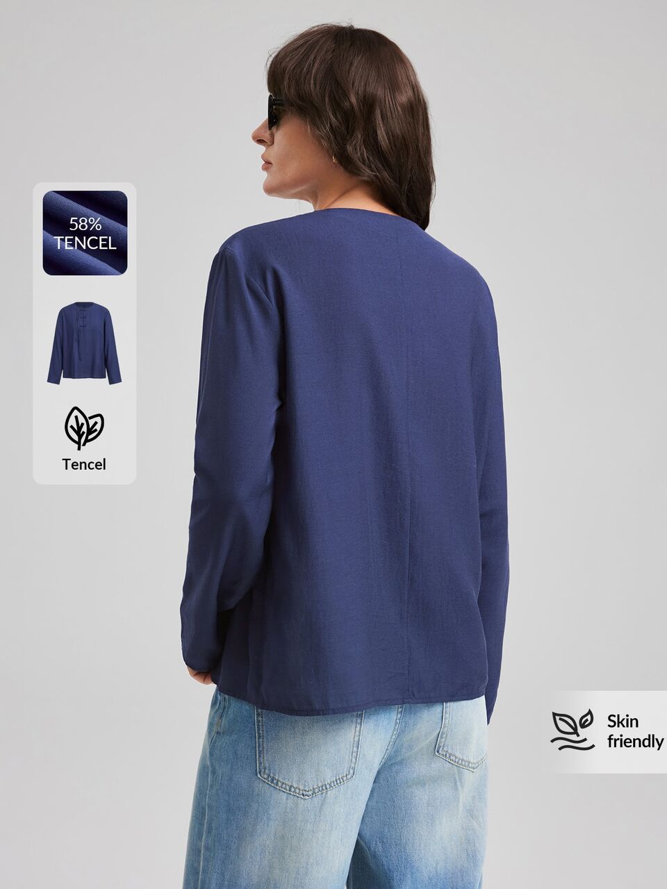 2026 New Autumn Women's Loose Fit Solid Navy Blue Long Sleeve Blouse With Round Neck, New Chinese Style Frog Button Design, Casual Commute Urban Modern Minimalist Elegant Tea Party Independence Day Old Money Style Teacher Outfit Office Wear Holiday Outfit Vacation Date Outing Fashion Versatile Women's Shirt