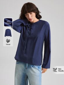 Ontre 2026 New Autumn Women's Loose Fit Solid Navy Blue Long Sleeve Blouse With Round Neck, New Chinese Style Frog Button Design, Casual Commute Urban Modern Minimalist Elegant Tea Party Independence Day Old Money Style Teacher Outfit Office Wear Holiday Outfit Vacation Date Outing Fashion Versatile Women's Shirt - Navy Blue - View 6