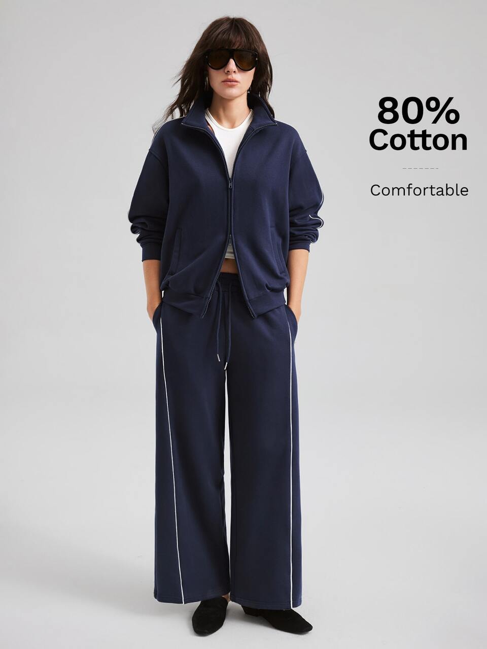 2026 New Autumn Women's Loose Fit Sweatpants, Solid Navy Blue Wide Leg Long Pants With Contrast Stripe Design, Casual Commute Urban Modern Minimalist Elegant Tea Party Independence Day Old Money Style Teacher Outfit Women's Office Wear Holiday Dress Vacation Date Outfit Women's Outwear Fashion Versatile Sweatpants