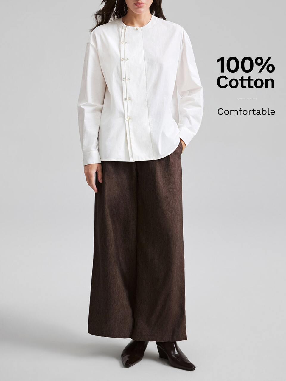 2026 New Autumn Women's Loose Fit Solid Beige Long Sleeve Blouse With Small Stand Collar, Double Placket, Asymmetrical Design, Casual Commute Urban Modern Minimalist Elegant Tea Party Independence Day Old Money Style Teacher Outfit Office Wear Holiday Dress Vacation Date Outing Fashion Versatile Women's Shirt
