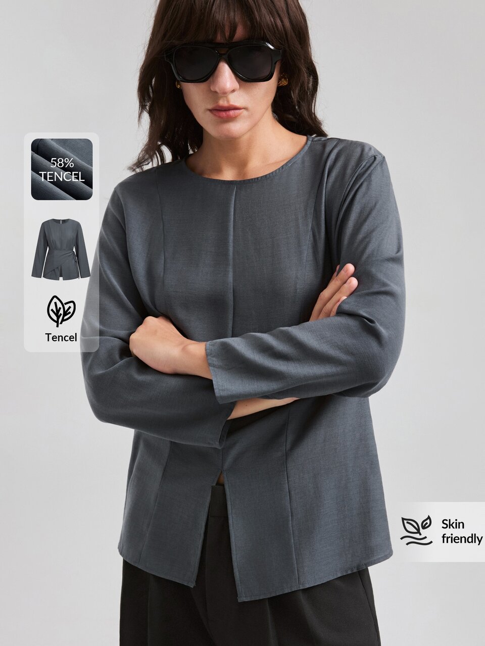 2026 New Autumn Women's Loose Fit Solid Dark Gray Long Sleeve Blouse With Triangle Scarf Patch And Split Line Design, Casual Commuter Urban Modern Minimalist Elegant Tea Party Independence Day Old Money Style Teacher Outfit Office Wear Holiday Dress Vacation Date Outing Fashion Versatile Women's Shirt