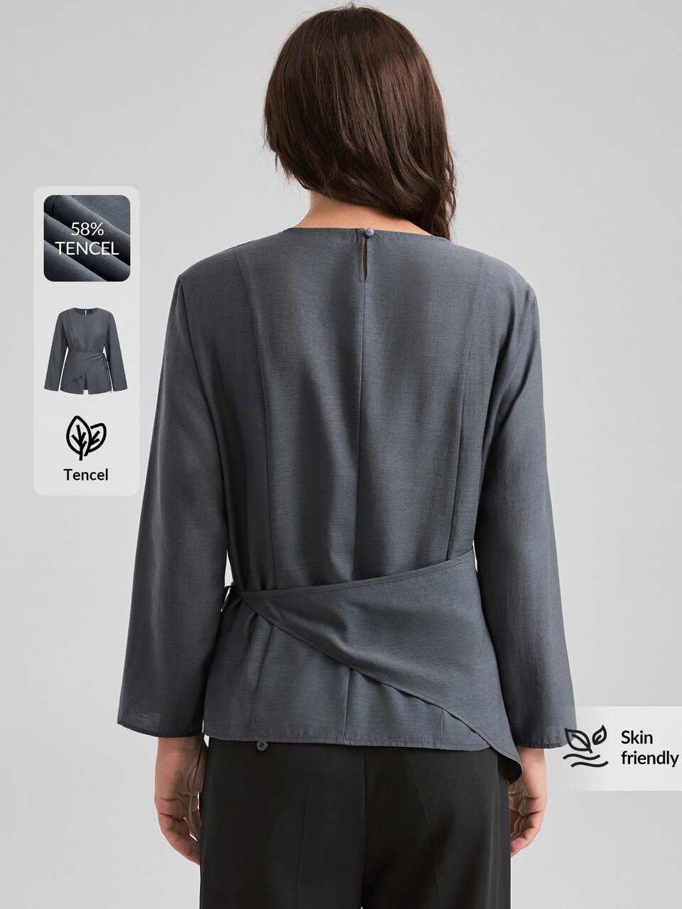 2026 New Autumn Women's Loose Fit Solid Dark Gray Long Sleeve Blouse With Triangle Scarf Patch And Split Line Design, Casual Commuter Urban Modern Minimalist Elegant Tea Party Independence Day Old Money Style Teacher Outfit Office Wear Holiday Dress Vacation Date Outing Fashion Versatile Women's Shirt