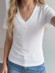 DAZY 青少年女孩純色V領短袖休閒百搭T恤夏季款 - 白色 - 查看 4