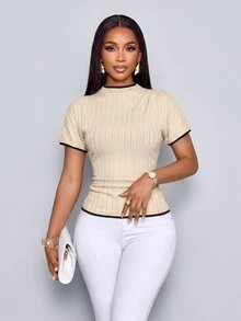 SOLERSUN Kaos Lengan Pendek Slim Fit dengan Trim Colorblock Kasual Musim Panas, Cocok untuk Brunch Sehari-hari, Warna Hitam dan Krem - Aprikot - View 5