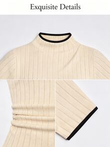 SOLERSUN Kaos Lengan Pendek Slim Fit dengan Trim Colorblock Kasual Musim Panas, Cocok untuk Brunch Sehari-hari, Warna Hitam dan Krem - Aprikot - View 9