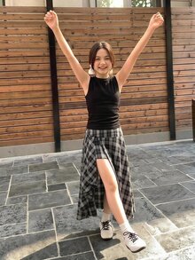 Hapijoa 青少年女孩夏季休閒素色背心上衣 & 格紋不對稱下擺裙 2件套 - 黑色 - 查看 5