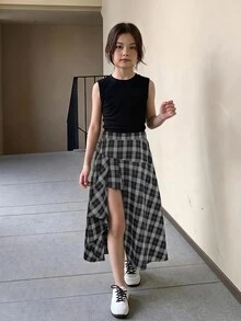 Hapijoa 青少年女孩夏季休閒素色背心上衣 & 格紋不對稱下擺裙 2件套 - 黑色 - 查看 1