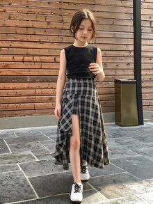 Hapijoa 青少年女孩夏季休閒素色背心上衣 & 格紋不對稱下擺裙 2件套 - 黑色 - 查看 4
