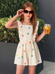 SHEIN 适合度假的少女条纹方领短袖宽松连体裤 - 杏色 - 查看 4