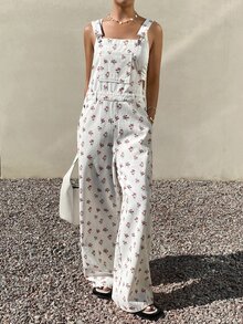 Dazy Kids Ditsy Floral Jumpsuit, Denim Bib Overalls For Teen Girls Summer - White - View 3