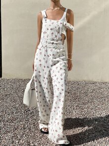 Dazy Kids Ditsy Floral Jumpsuit, Denim Bib Overalls For Teen Girls Summer - White - View 1