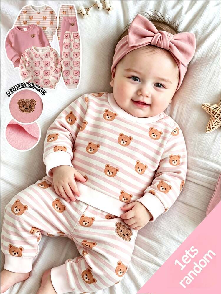 Korean Style Cute Funny Kawaii Playful Blue And White Striped Teddy Bear Newborn Baby Fleece Sweatshirt 2-Piece Set, Cartoon Head Print, Winter - Multicolor - View 1