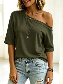 SHEIN LUNE 女款純色不對稱肩休閒百搭日常出遊週末 T-shirt 橄欖綠 夏季 - 軍綠色 - 查看 3