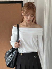 DAZY Teen Girls' Casual Everyday Commute Versatile Solid Color Foldover Off Shoulder Loose T-Shirt, Spring/Autumn Long Sleeve Tops - White - View 6