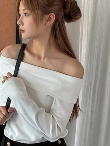 DAZY Teen Girls' Casual Everyday Commute Versatile Solid Color Foldover Off Shoulder Loose T-Shirt, Spring/Autumn Long Sleeve Tops - White - View 4