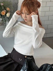 DAZY Teen Girls' Casual Everyday Commute Versatile Solid Color Foldover Off Shoulder Loose T-Shirt, Spring/Autumn Long Sleeve Tops - White - View 5