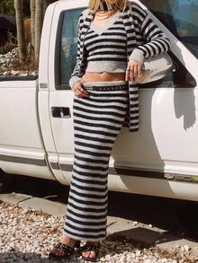 BAD SUNDAY Women's Elegant Striped Colorblock Asymmetric Knit 2 Pieces Set, Y2K Millennium Style, Inner Layer, All Season, Streetwear - Multicolor - View 8