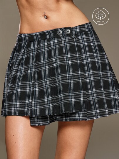 BAD SUNDAY Women's All-Season Plaid Mini Skirt Shorts Skort Vintage Preppy Music Festival School Everyday Black And White Plaid Autumn