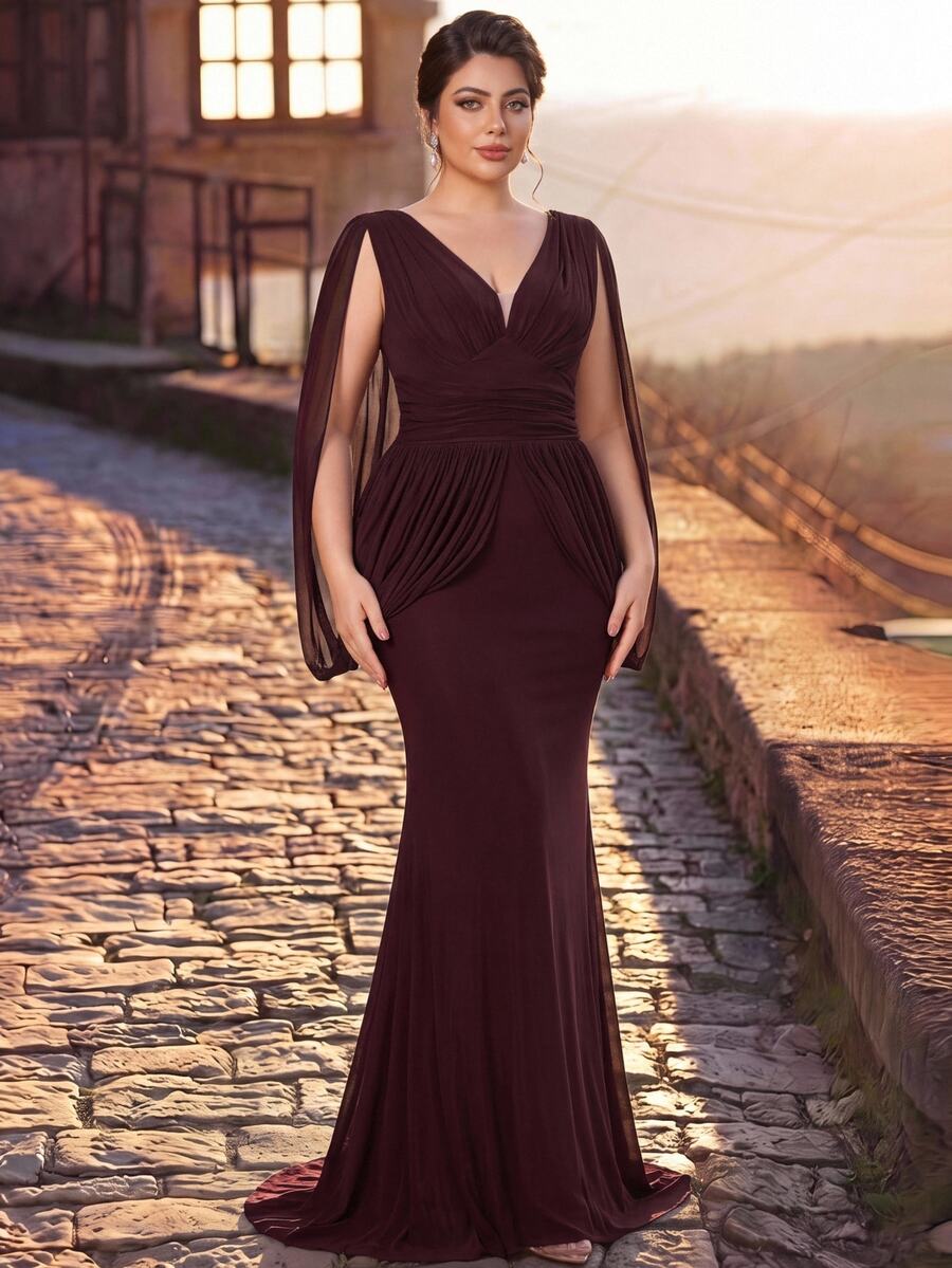 Serin Plus Size Elegant Romantic Glamorous Burgundy Ruched Draped Neck Flared Sleeve Fitted Mermaid Hem Evening Gown Formal Party
