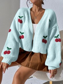 SHEIN Unity 女款櫻桃圖案休閒百搭日常穿著開襟衫 - 藍色 - 查看 3