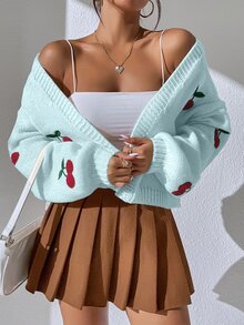 SHEIN Unity 女款櫻桃圖案休閒百搭日常穿著開襟衫 - 藍色 - 查看 6