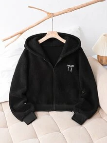 SHEIN 青少年女孩秋冬純色時尚蝴蝶結夾克，袖子設計充滿風格，整體青春活力甜美女孩風，適合開學或日常戶外穿著的兒童秋裝，兒童冬裝 - 黑色 - 查看 8