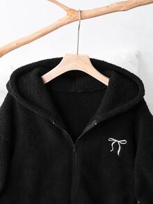 SHEIN 青少年女孩秋冬純色時尚蝴蝶結夾克，袖子設計充滿風格，整體青春活力甜美女孩風，適合開學或日常戶外穿著的兒童秋裝，兒童冬裝 - 黑色 - 查看 3