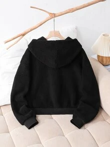 SHEIN 青少年女孩秋冬純色時尚蝴蝶結夾克，袖子設計充滿風格，整體青春活力甜美女孩風，適合開學或日常戶外穿著的兒童秋裝，兒童冬裝 - 黑色 - 查看 2