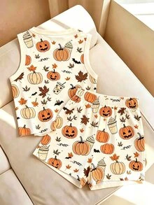 Resyla Halloween Women's Pumpkin Print Tank Top And Shorts Casual 2 Pieces Set - Multicolor - View 2