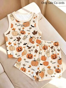 Resyla Halloween Women's Pumpkin Print Tank Top And Shorts Casual 2 Pieces Set - Multicolor - View 1