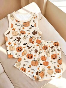Resyla Halloween Women's Pumpkin Print Tank Top And Shorts Casual 2 Pieces Set - Multicolor - View 3
