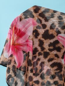 SHEIN 3pcs/Set Bikini de niña preadolescente con estampado de leopardo & flor de lirio, top halter, estilo tropical multicolor, con pareo, traje de baño para vacaciones de verano - Multicolor - Ver 6