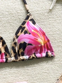 SHEIN 3pcs/Set Bikini de niña preadolescente con estampado de leopardo & flor de lirio, top halter, estilo tropical multicolor, con pareo, traje de baño para vacaciones de verano - Multicolor - Ver 3