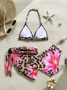 SHEIN 3pcs/Set Bikini de niña preadolescente con estampado de leopardo & flor de lirio, top halter, estilo tropical multicolor, con pareo, traje de baño para vacaciones de verano - Multicolor - Ver 2
