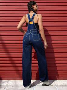 SHEIN ICON Mono de mezclilla sin mangas de unicolor con bolsillos - Azul lavado oscuro - Ver 2