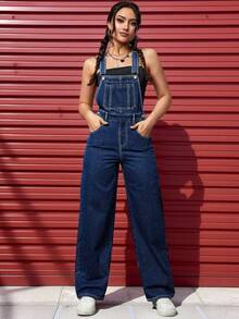 SHEIN ICON Mono de mezclilla sin mangas de unicolor con bolsillos - Azul lavado oscuro - Ver 3