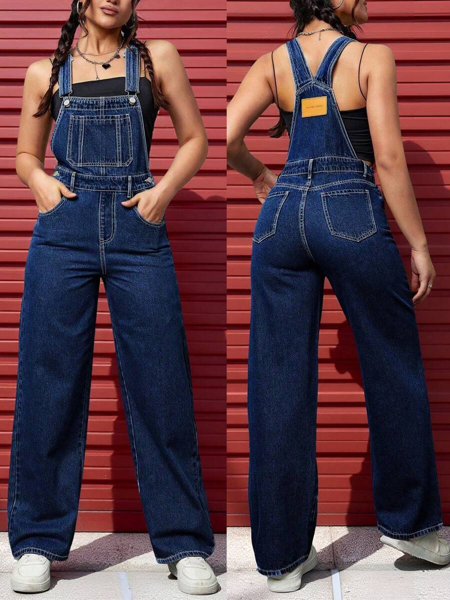 SHEIN ICON Mono de mezclilla sin mangas de unicolor con bolsillos - Azul lavado oscuro - Ver 1