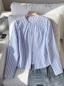 SHEIN Kids Tween Girl Tween Girl Navy Blue Pleated Round Neck Open Front Cropped Jacket, Vacation Preppy Career Day School Autumn - Blue - View 2