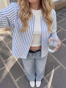SHEIN Kids Tween Girl Tween Girl Navy Blue Pleated Round Neck Open Front Cropped Jacket, Vacation Preppy Career Day School Autumn - Blue - View 9
