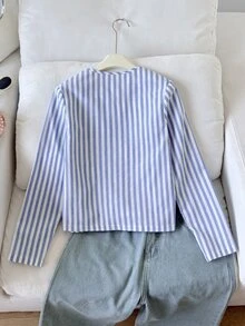 SHEIN Kids Tween Girl Tween Girl Navy Blue Pleated Round Neck Open Front Cropped Jacket, Vacation Preppy Career Day School Autumn - Blue - View 3