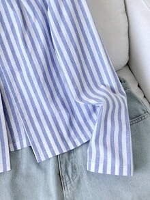 SHEIN Kids Tween Girl Tween Girl Navy Blue Pleated Round Neck Open Front Cropped Jacket, Vacation Preppy Career Day School Autumn - Blue - View 7
