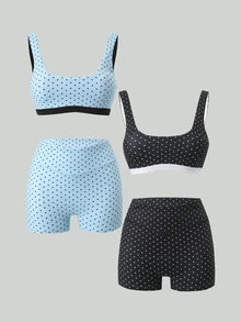 SHEIN Velisys Polka Dot Minimalist Slim Fit Women's Sports Tank Top & Shorts 4-Piece Set - Multicolor - View 3